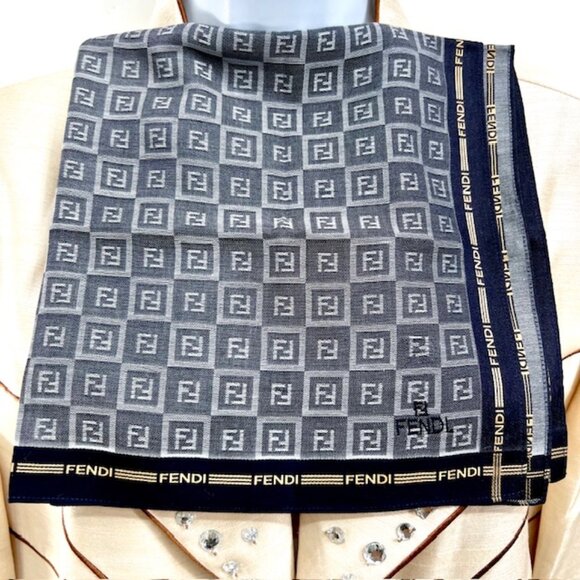 New Men Fendi Handkerchief Cotton/Silk 19" Black Gray Logo Ptented all over(57) - Picture 1 of 9